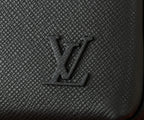 Black textured leather bag front with embossed LV monogram.