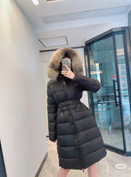 Moncler long puffer coat with faux fur hood, dark color, belted waist