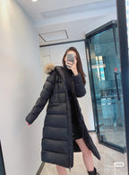 Moncler long puffer coat with faux fur hood, dark color, long sleeves