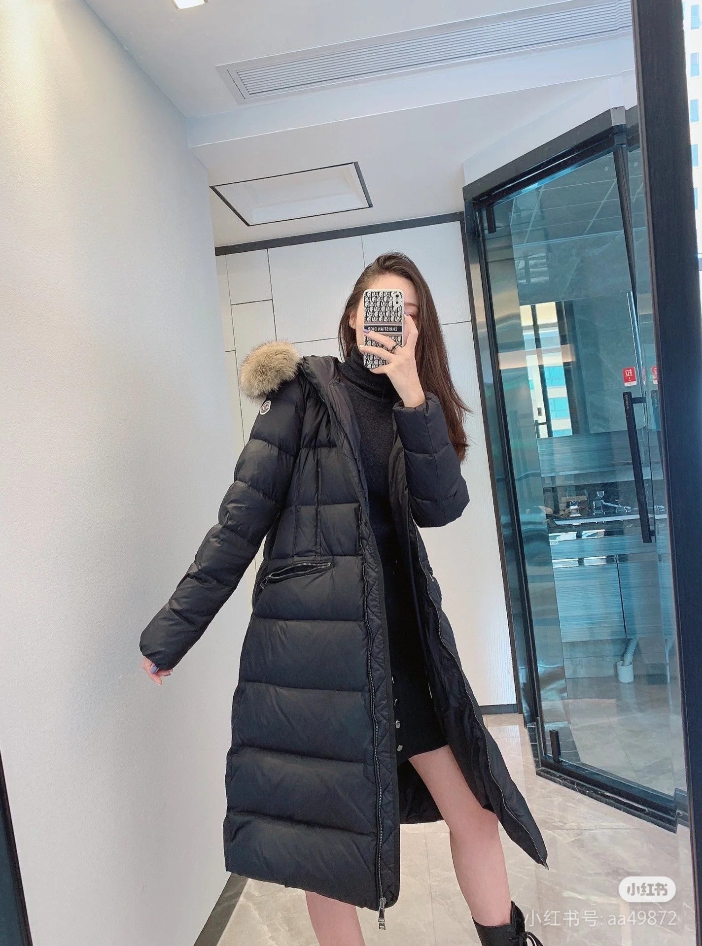 Moncler long puffer coat with faux fur hood, dark color, long sleeves