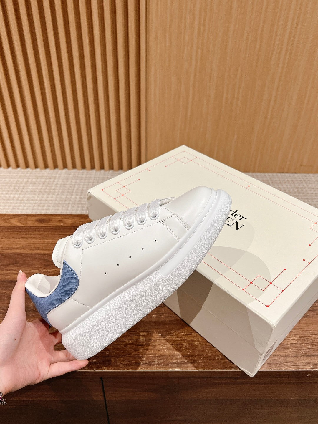Alexander McQueen white leather sneakers with blue heel panel, lace-up, rubber sole