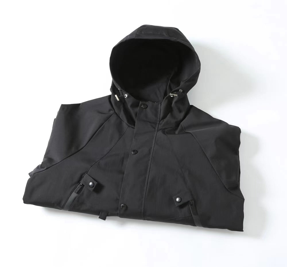Prada long hooded jacket, dark, zip front with snap pockets, hood cords