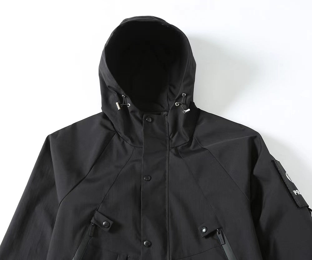 Prada hooded long jacket, dark, button front and adjustable hood cords