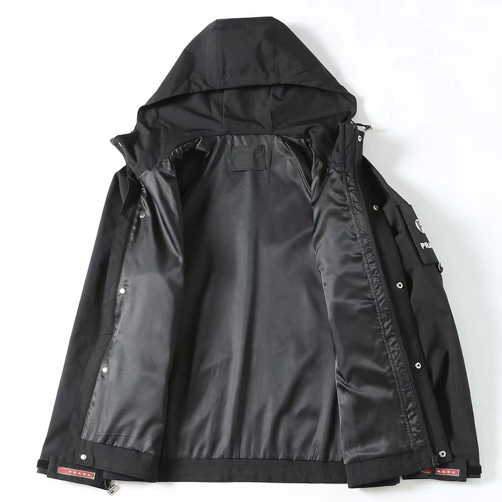 Prada long jacket, dark, hooded back with adjustable tabs, snap pockets
