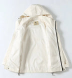 Burberry white hooded jacket interior lining visible with side zipper trim