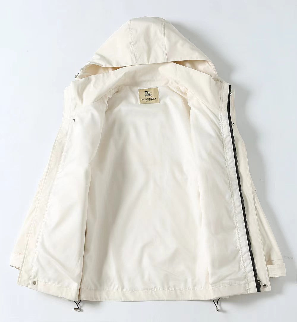 Burberry white hooded jacket interior lining visible with side zipper trim