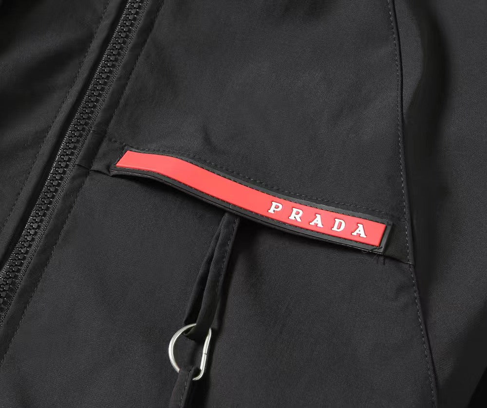 Black Prada jacket logo patch with red stripe on chest pocket flap