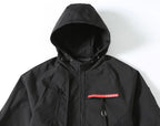 Black Prada hooded zip jacket with red logo tab and drawcord