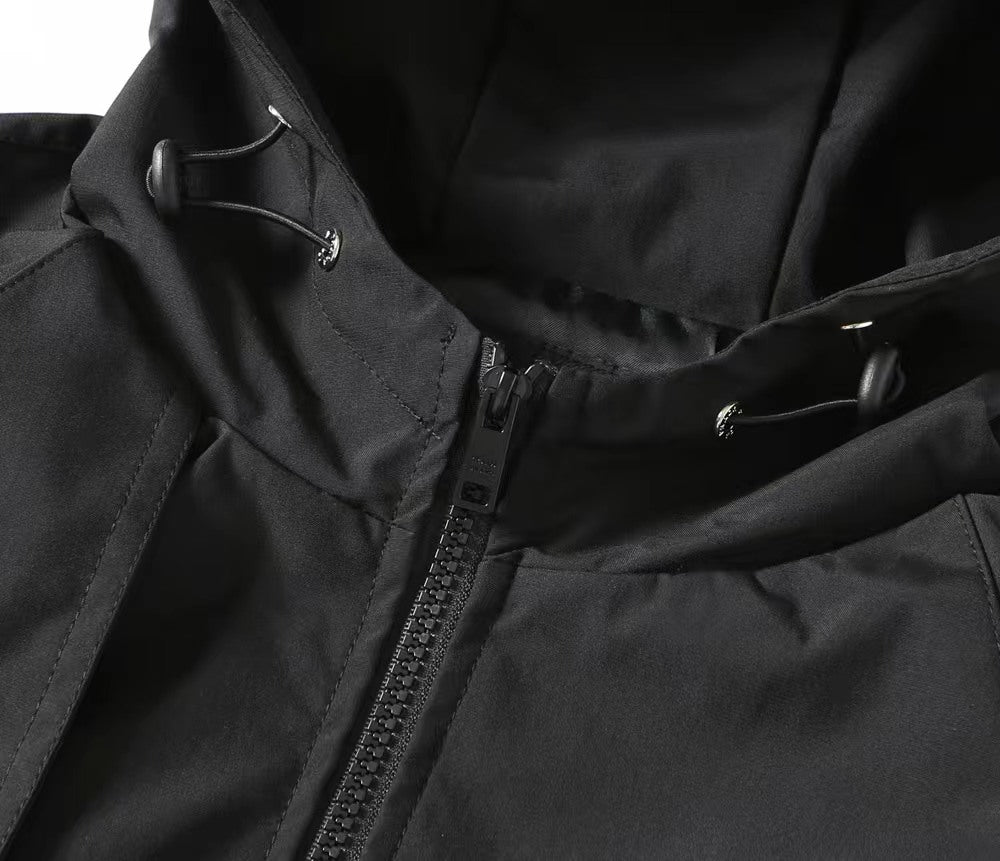Black Prada hooded jacket with front zipper and snap button placket