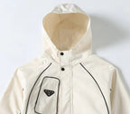White hooded jacket with high collar and black-outlined chest pocket design