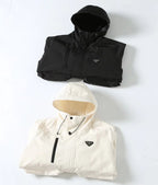 Hooded long jackets: black and white, with Prada triangle logo patch