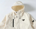 White hooded long jacket with drawstrings, buttons, and Prada triangle logo badge