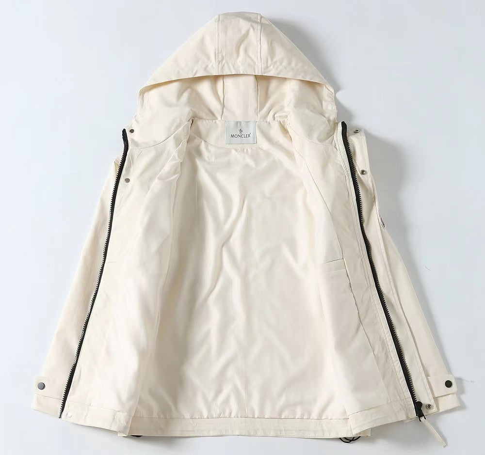Long hooded Moncler jacket in white with full back view and inner hood label