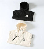 Long hooded Moncler jackets, black and white, with drawstring and front zipper