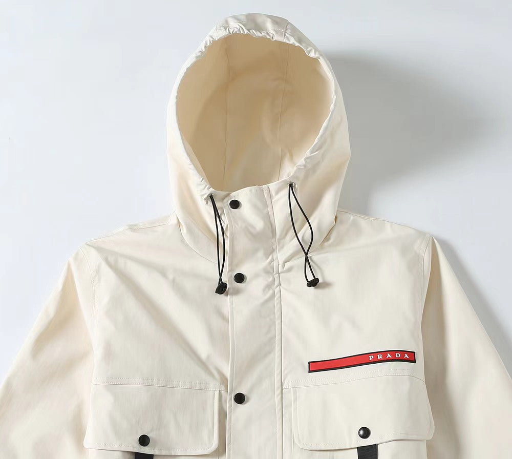 Prada hooded long jacket in white with drawstring hood and chest patch pocket