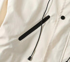 Prada white long jacket with black drawstring cords and snap buttons