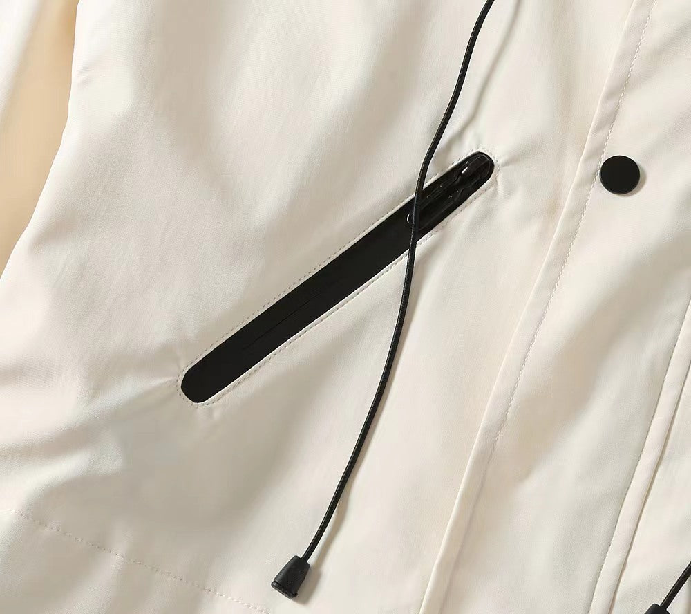 Prada white long jacket with black drawstring cords and snap buttons