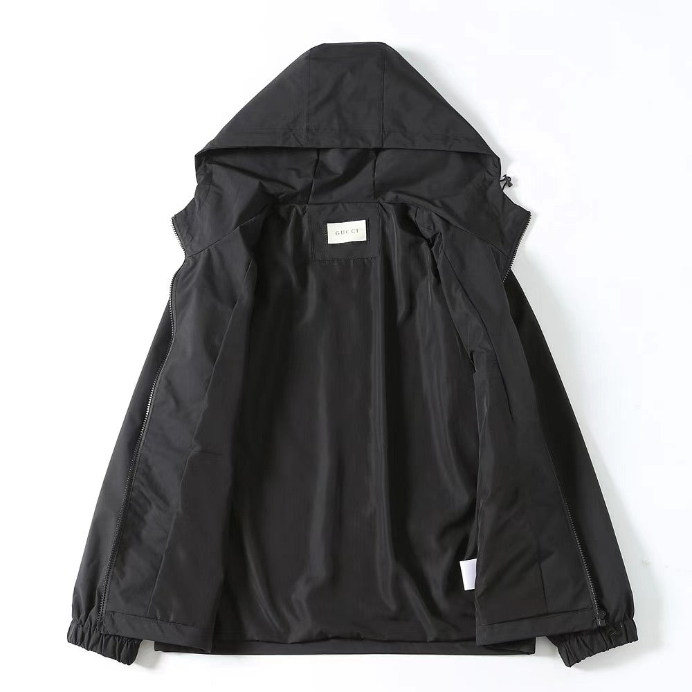 Gucci hooded jacket back view in dark black with hood and stitched seams