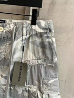 Balenciaga camouflage cargo pants, light gray and white, side pocket with BALENCIAGA label