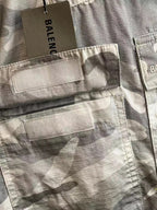 Balenciaga camouflage cargo pants, light gray and white, front pocket and stitched cargo panel