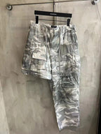 Balenciaga camouflage cargo pants, light gray and white, full front view with cargo pockets