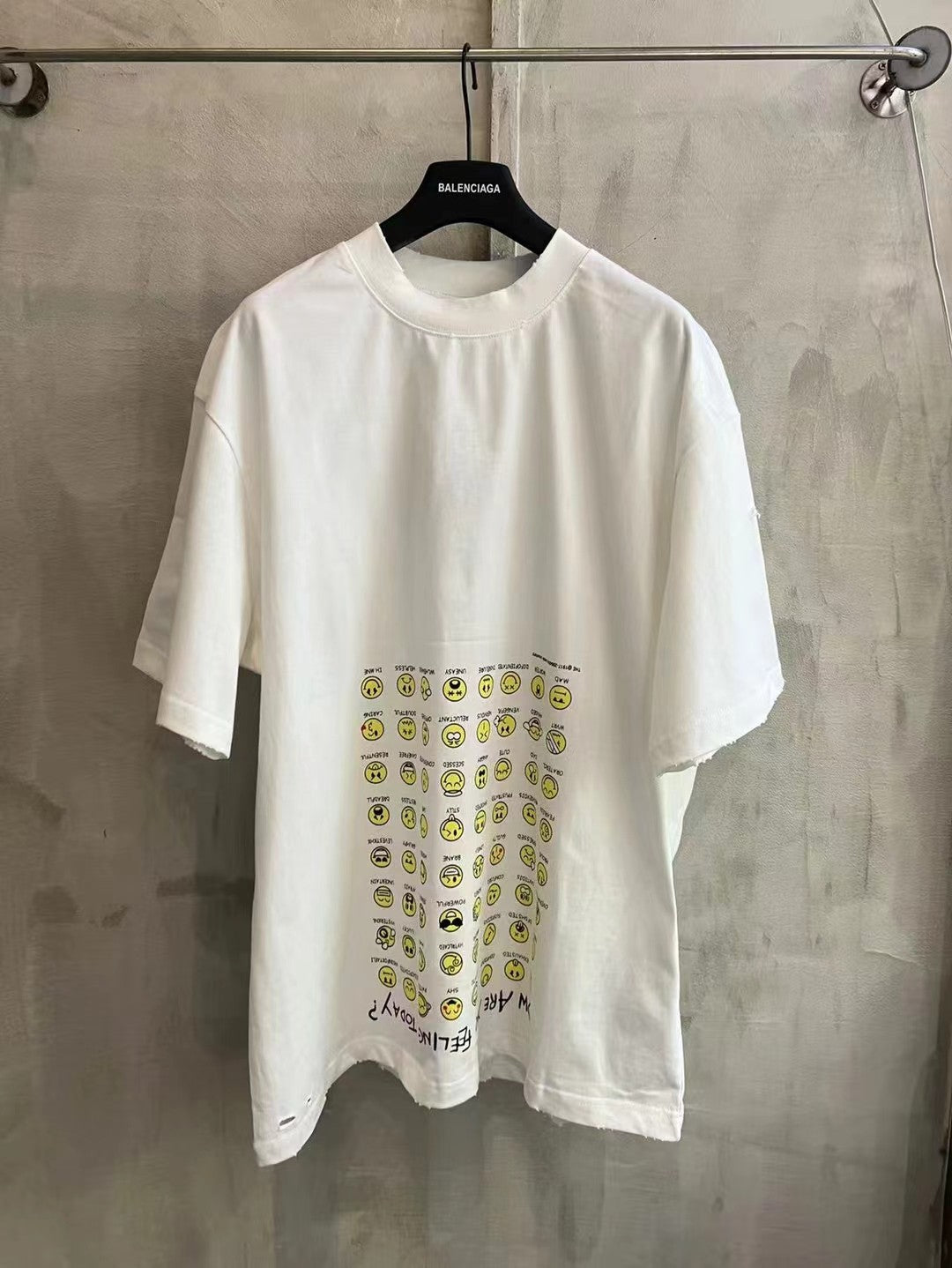 Balenciaga short-sleeve T-shirt, white, crew neck, yellow smiley graphic print
