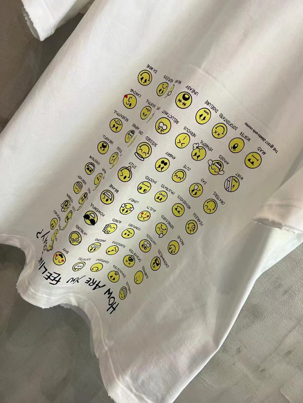 Balenciaga short-sleeve T-shirt, white, graphic section close-up with yellow smileys