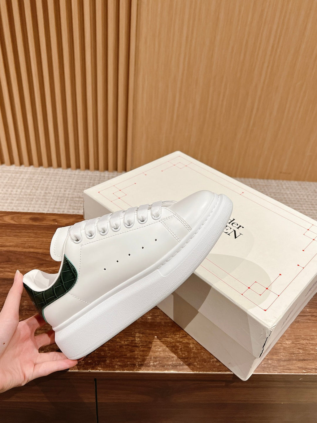 Alexander McQueen leather sneakers, white with green heel panel and perforated toe