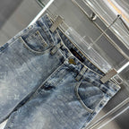 Louis Vuitton denim pants front detail, monogram pattern, coin pocket, belt loops