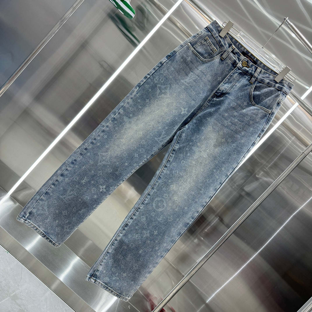 Louis Vuitton blue denim pants with monogram pattern, straight leg, belt loops