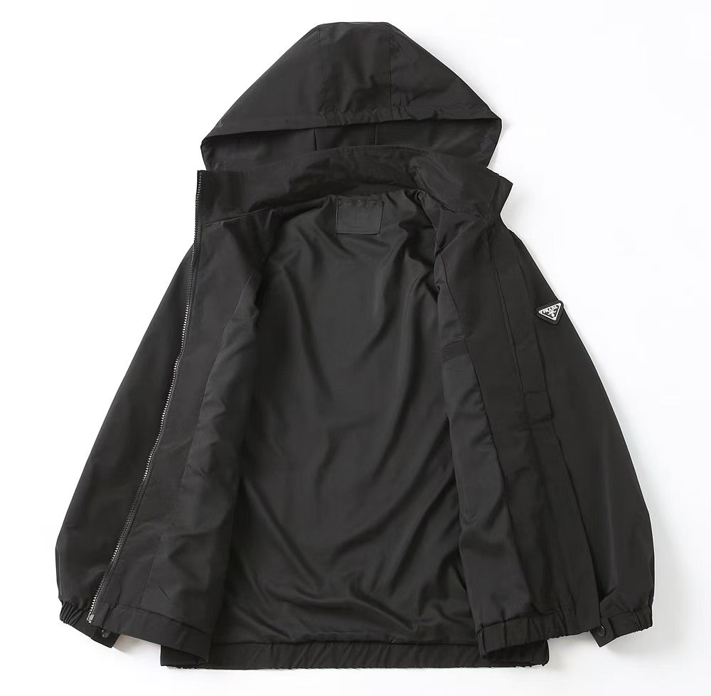 Black PRADA hooded long jacket with interior lining and seam details