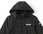 Black PRADA hooded long jacket with center zip and PRADA chest logo