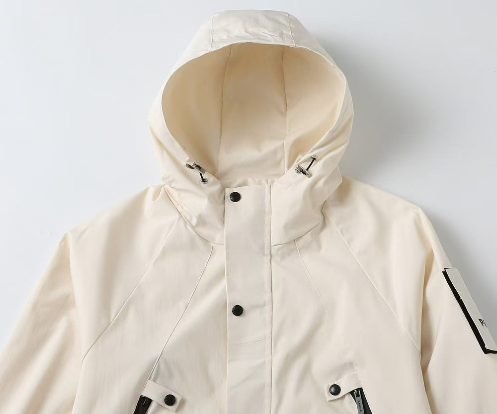 Prada hooded long white jacket with black button placket and chest detailing