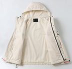 Prada long white jacket back view with hood and center-back button placket