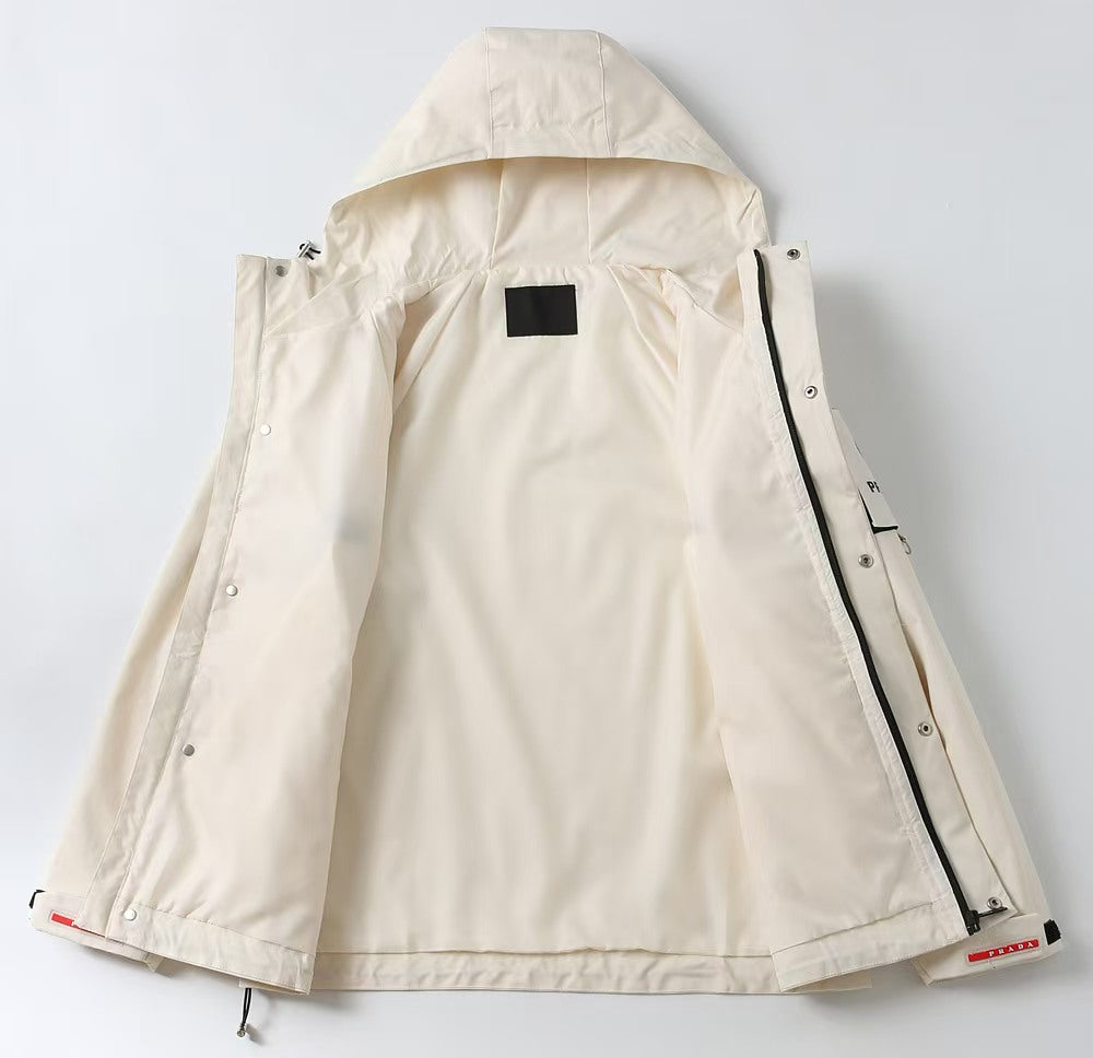Prada long white jacket back view with hood and center-back button placket