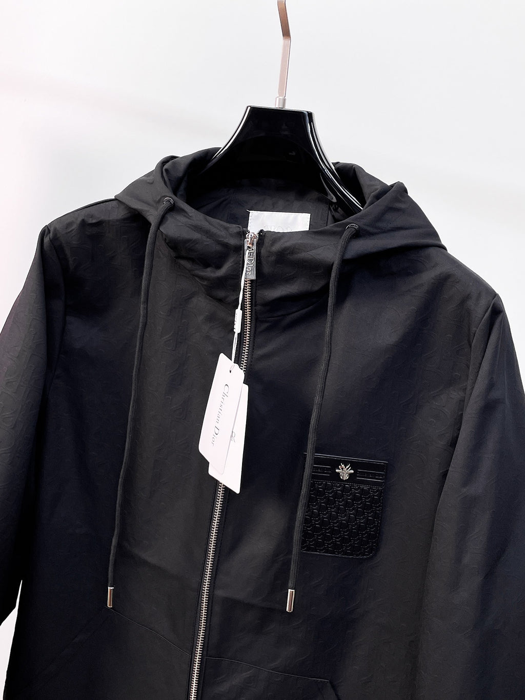Dior long jacket, black hood and center front zipper with small chest logo patch