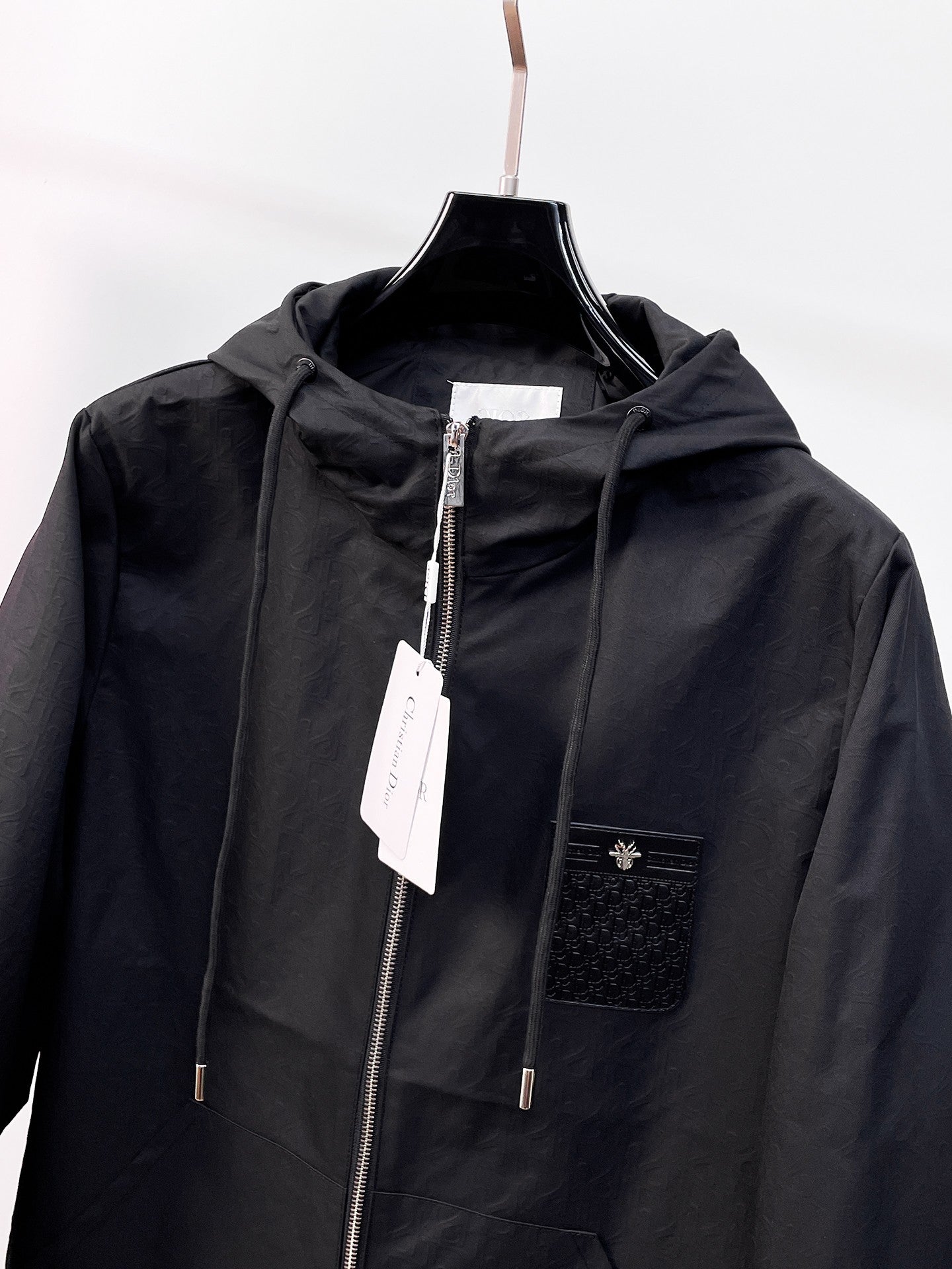 Dior long jacket, black hood and center front zipper with small chest logo patch