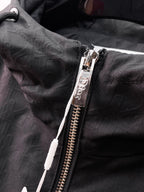 Dior long jacket, close-up of black zipper tape and hooded jacket fabric