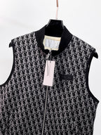 Black sleeveless vest with Dior monogram pattern, zip front and stand collar