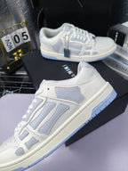 Amiri lace-up sneakers, white leather with blue logo stripes and lace-up closure