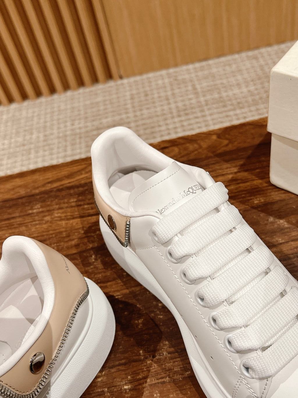 White leather sneakers with lace-up closure and tan-trim side zip detail, Alexander McQueen