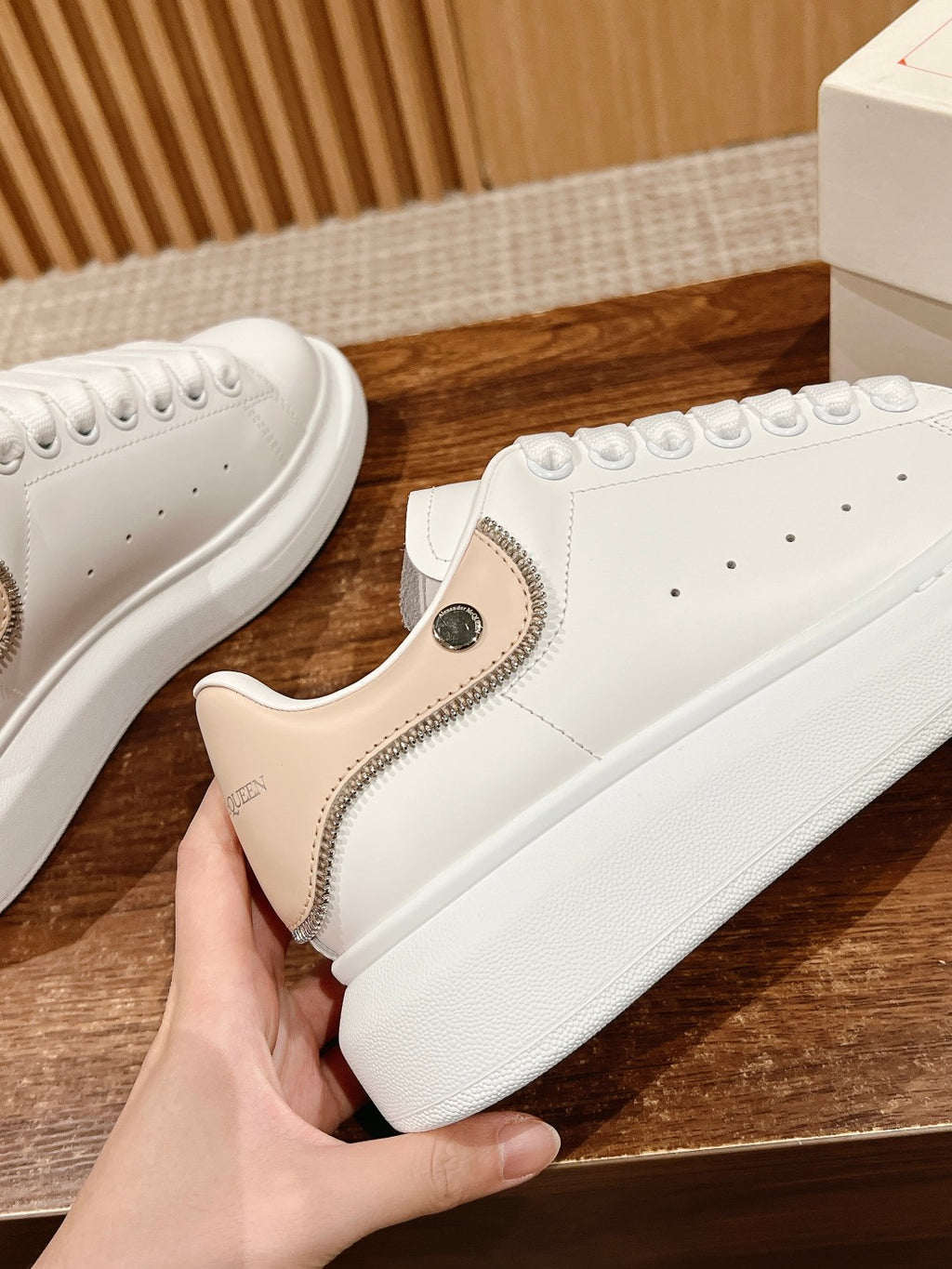White sneakers with tan zip-side panel, perforated toe, and lace-up front, Alexander McQueen