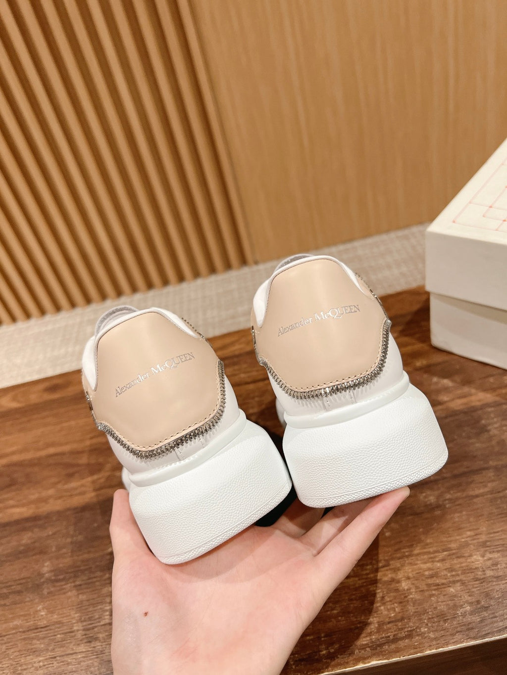 White slip-on sneakers with beige interior lining and stitched detail, Alexander McQueen
