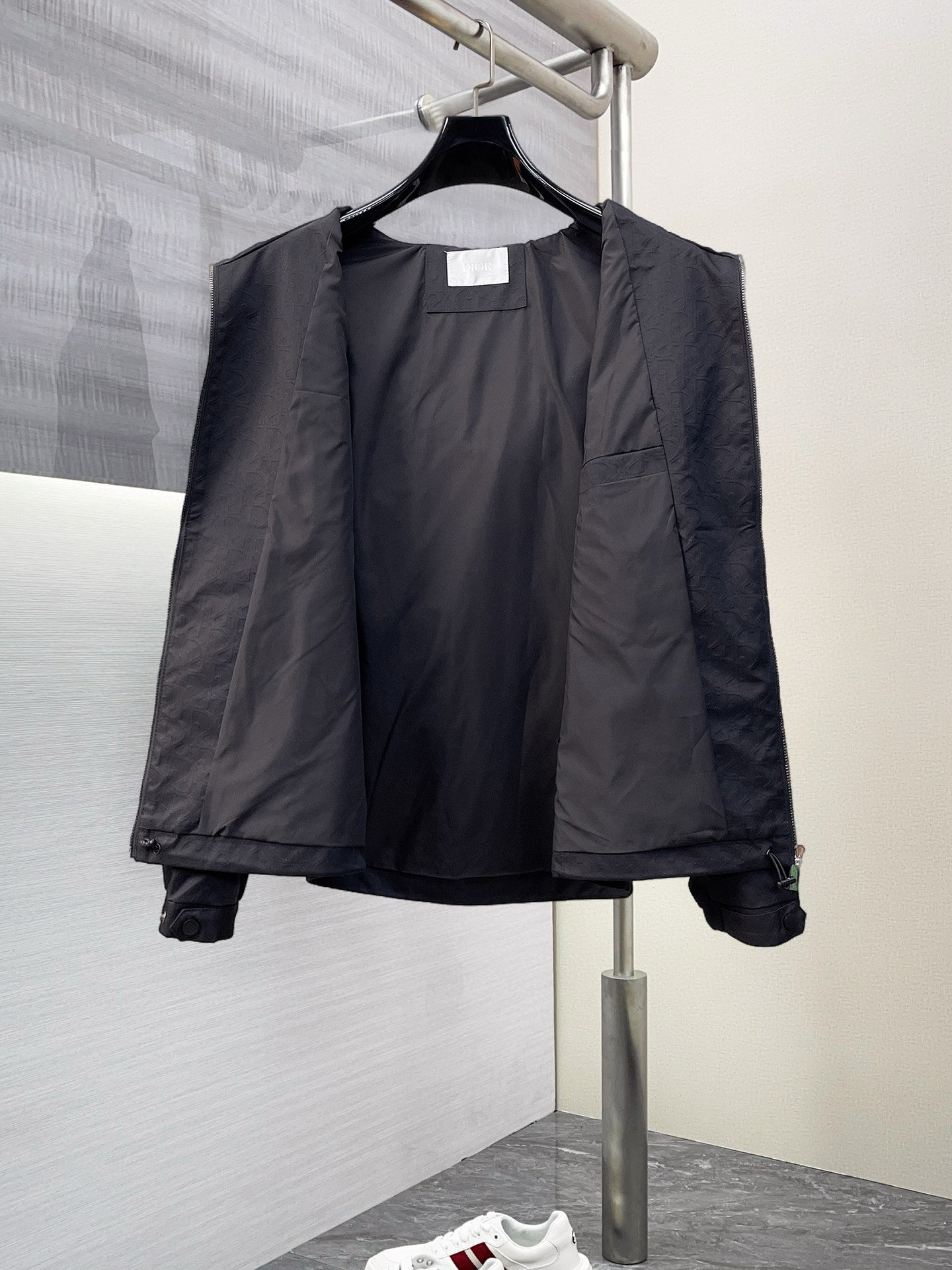 Dior long jacket, black with open front lining and visible internal tag