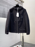 Dior long jacket, black hooded zip front with front pockets and logo patch