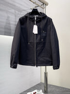 Dior long jacket, black hooded zip front with front pockets and logo patch