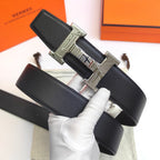 Hermes belt, black textured leather with silver-tone rectangular buckle