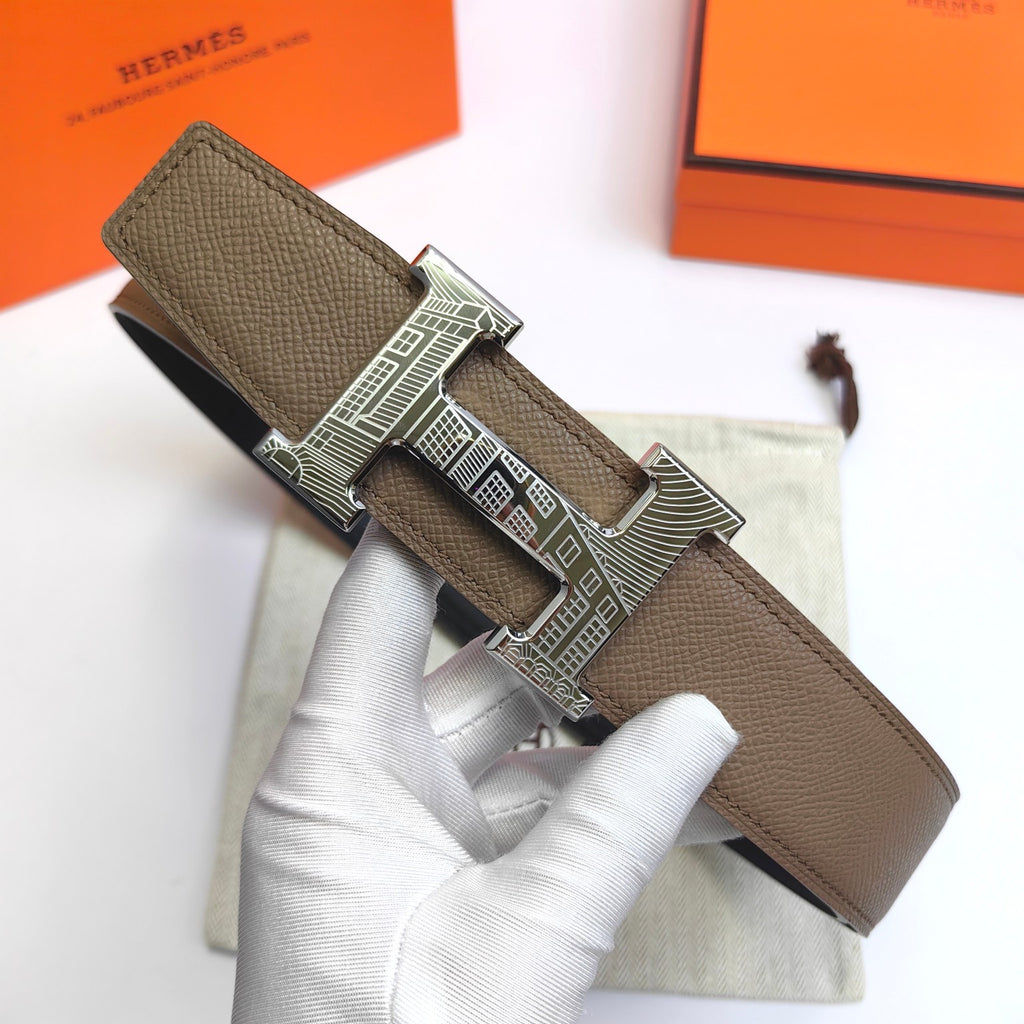 Olive leather belt with silver-tone geometric buckle and strap keeper