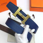 Hermes leather belt, blue strap with gold H buckle and punched holes
