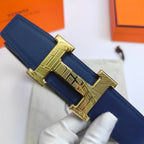 Hermes leather belt blue strap with gold H buckle, front view
